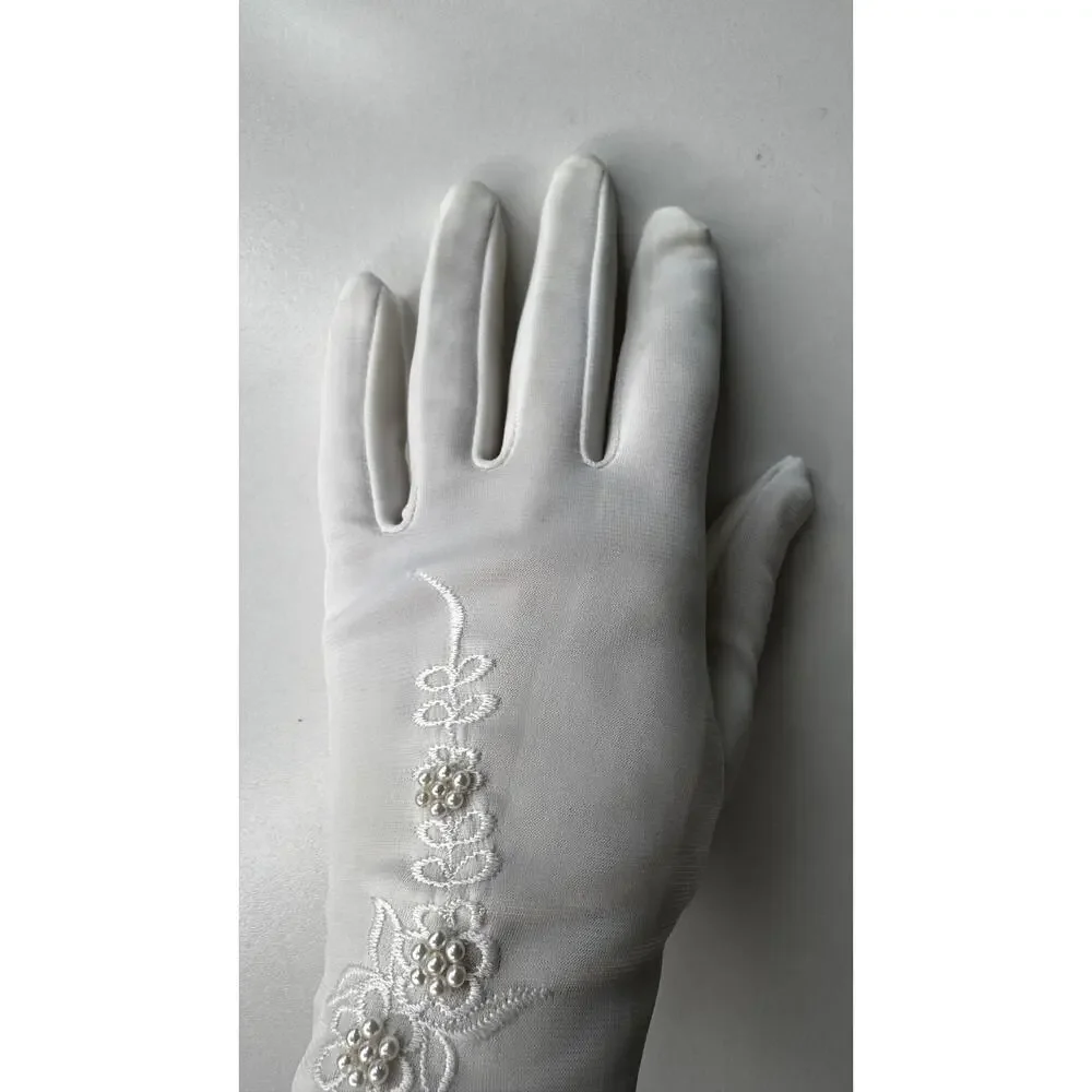 Vintage 1980s White/Ivory Unbranded Satin Beaded Floral Gloves XS S